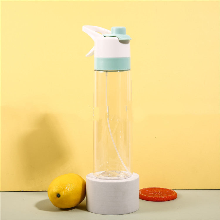 Clear water bottle with a white base and light blue top on a yellow background