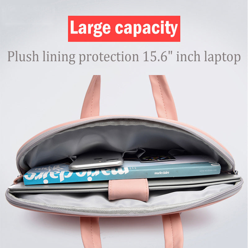 Pink laptop bag with plush lining protection for a 15.6" inch laptop on a light gray background.