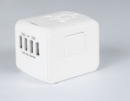 White cube-shaped USB hub with multiple ports on a light gray background