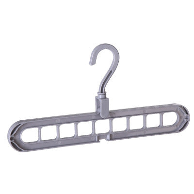 Gray plastic hanger with multiple hooks on a white background
