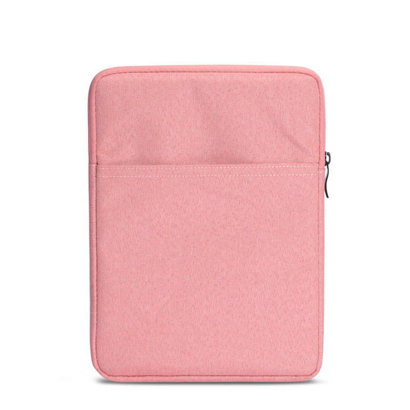 Pink fabric pouch with a phone and earphones on a white background