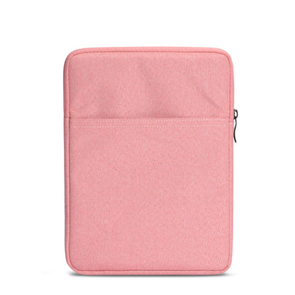 Pink fabric pouch with a phone and earphones on a white background