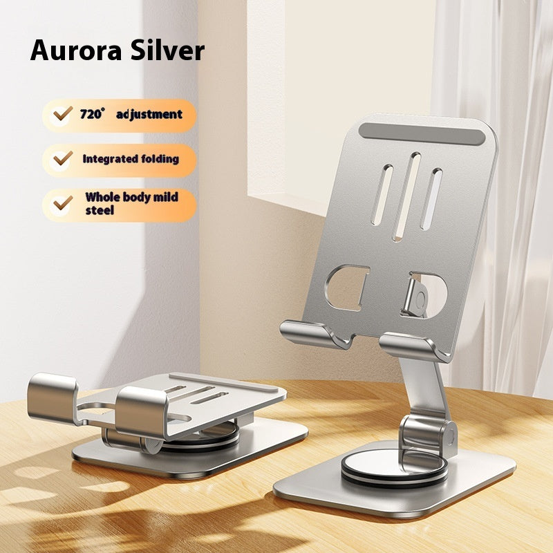 Silver phone stand with adjustable design on a wooden surface