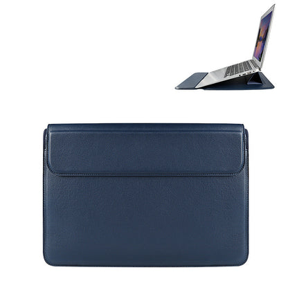 Blue laptop sleeve with a laptop partially visible on a white background