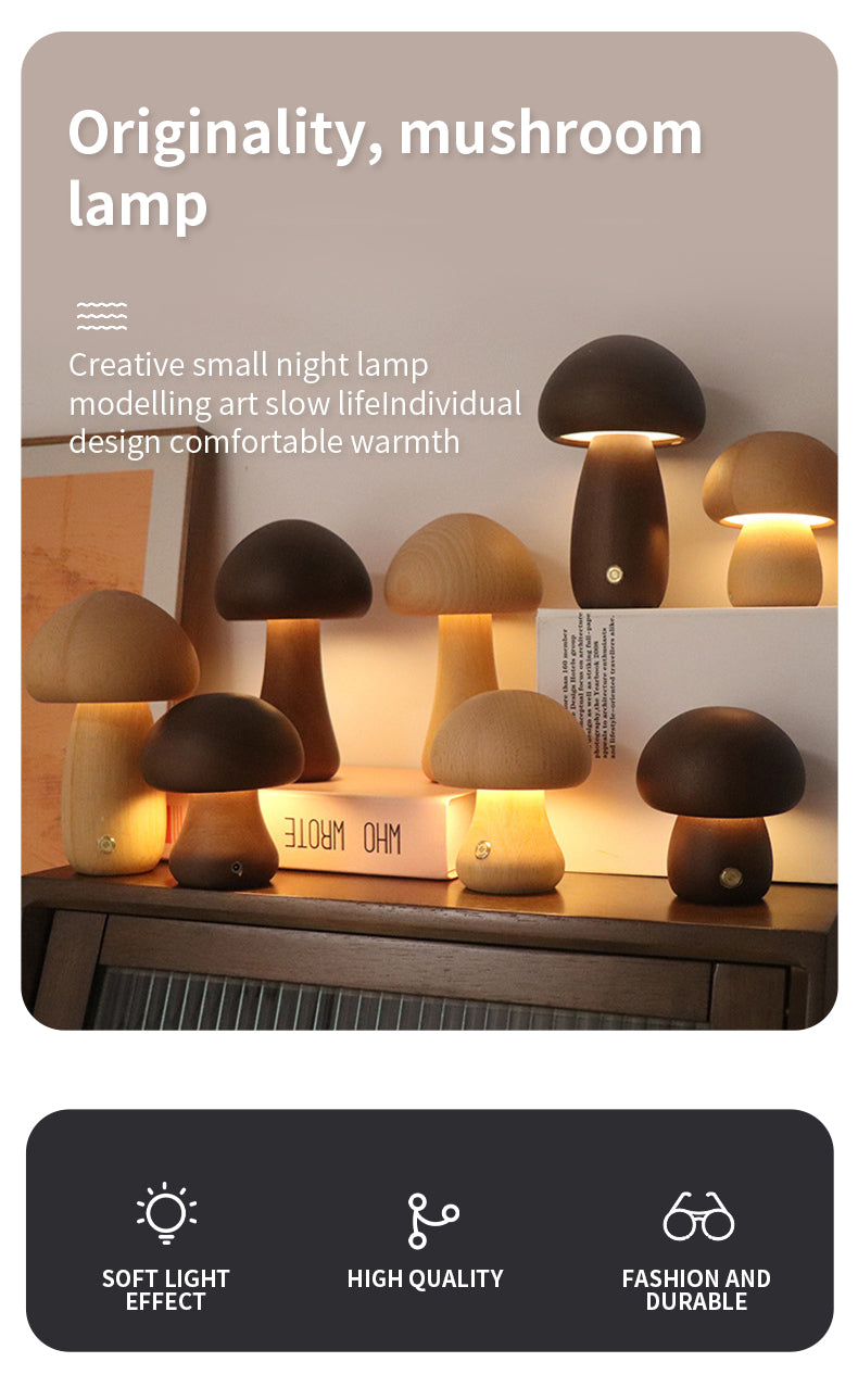 Mushroom-shaped lamps on a wooden surface with text describing their features.