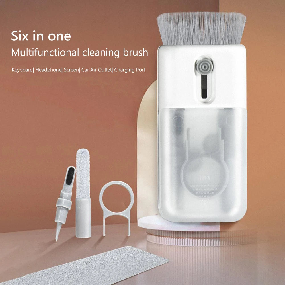 Multifunctional cleaning brush with various attachments on a brown background