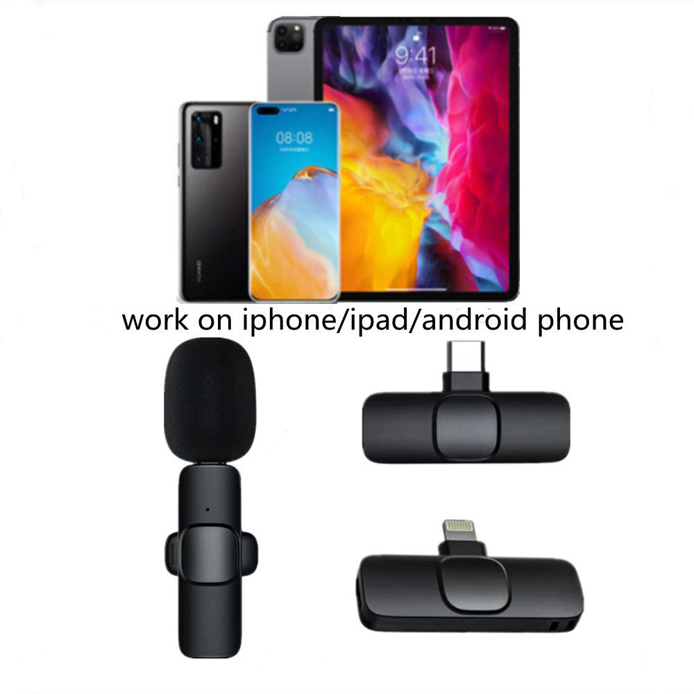 Set of electronic devices including a tablet, smartphone, and two microphones on a white background.