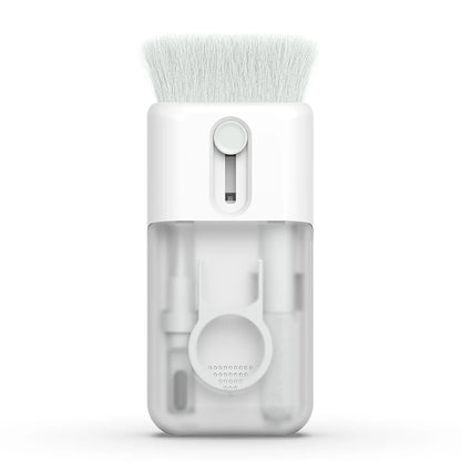 White cleaning brush and bottle set on a white background