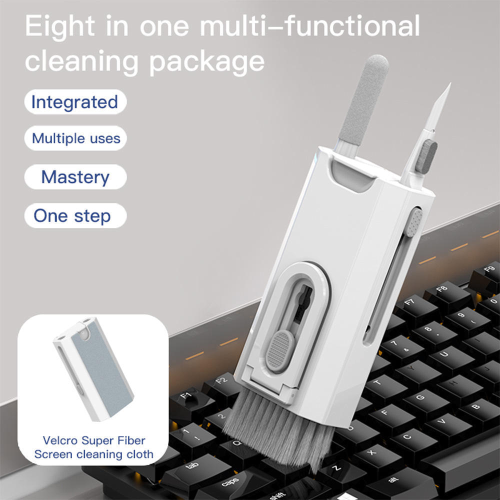 Multi-functional cleaning package with screen cleaning cloth on a keyboard