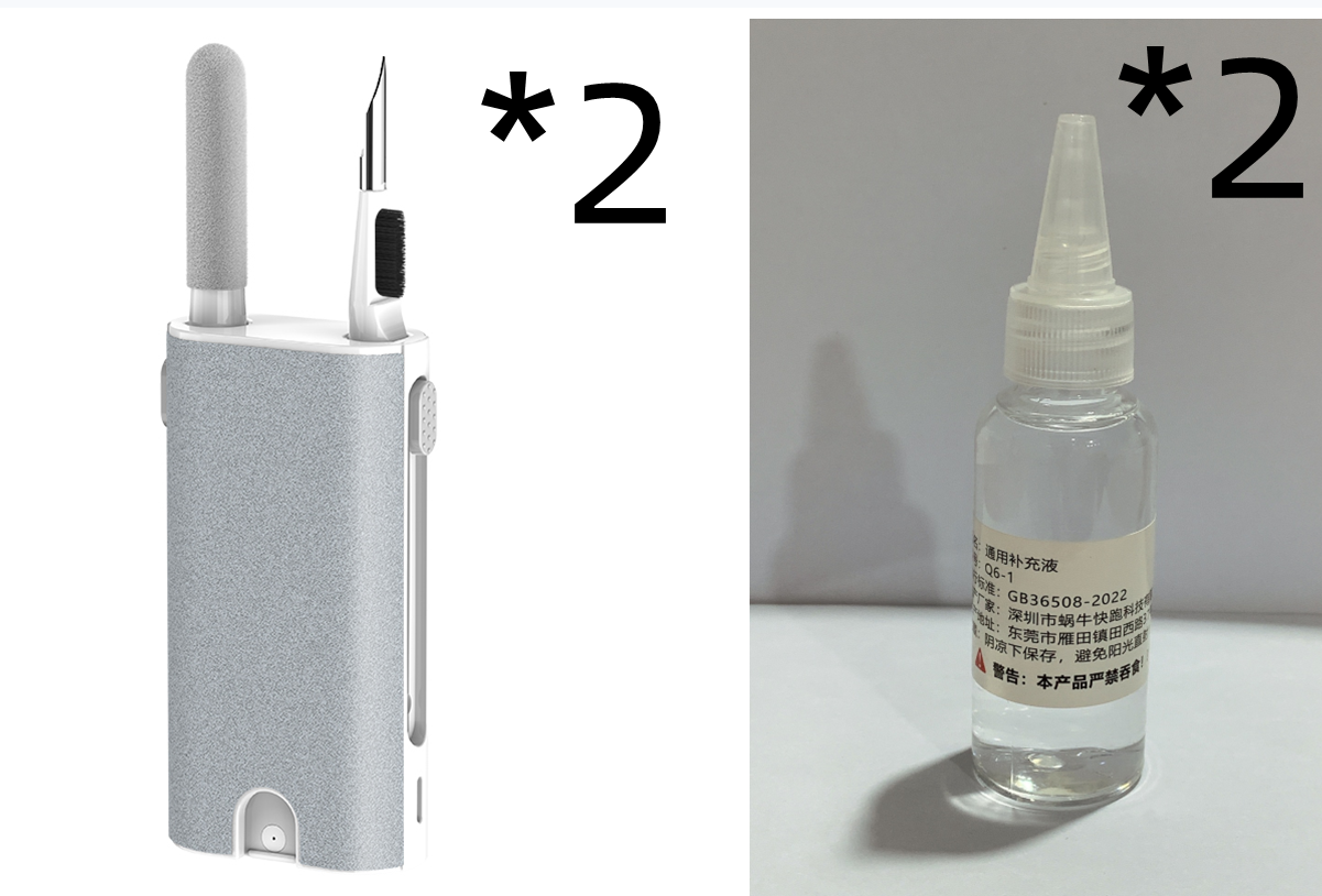 Electronic device with accessories and two bottles on a white background