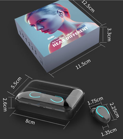 Wireless earbuds with charging case and dimensions displayed on a dark background