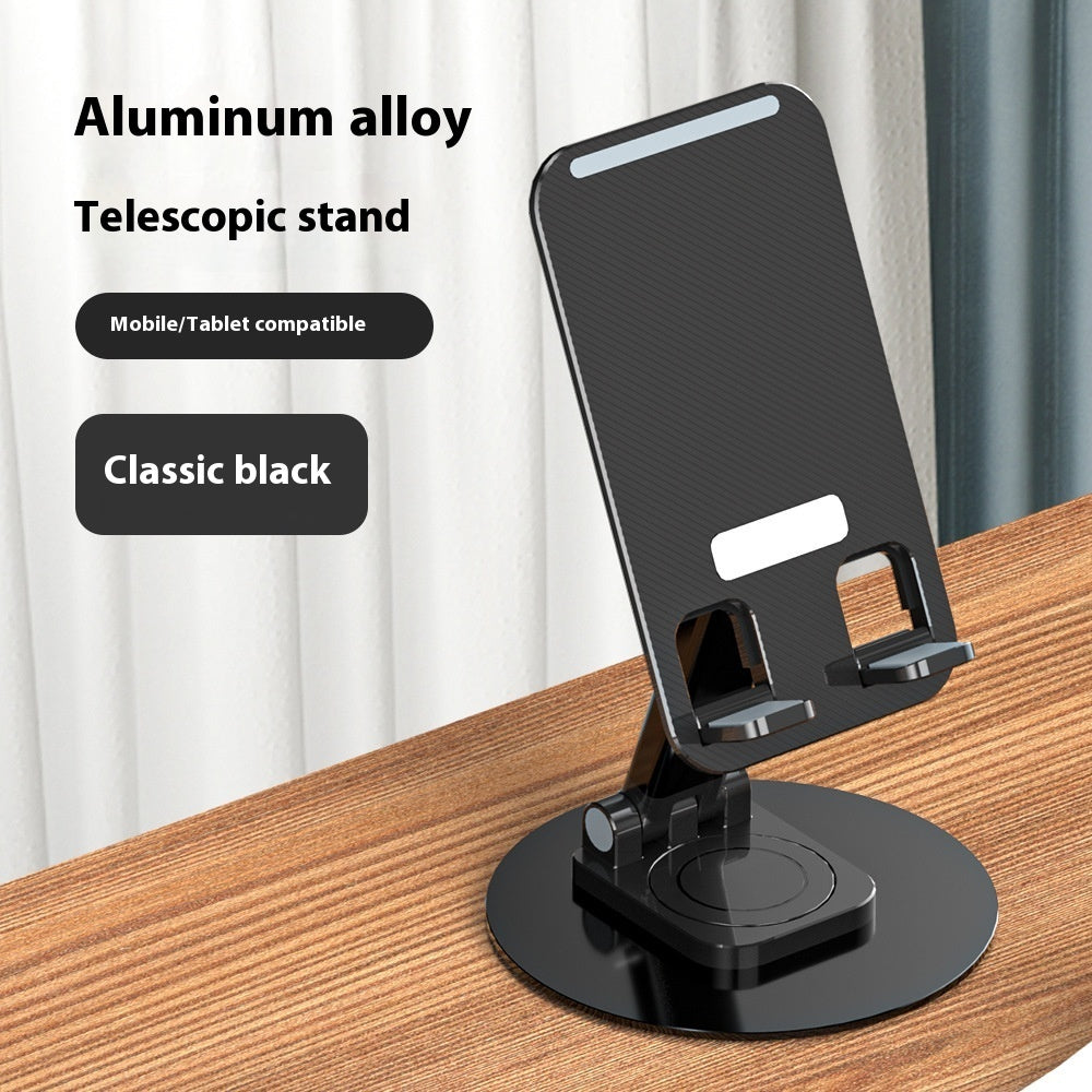 Black telescopic phone stand on a wooden surface with text highlighting features.