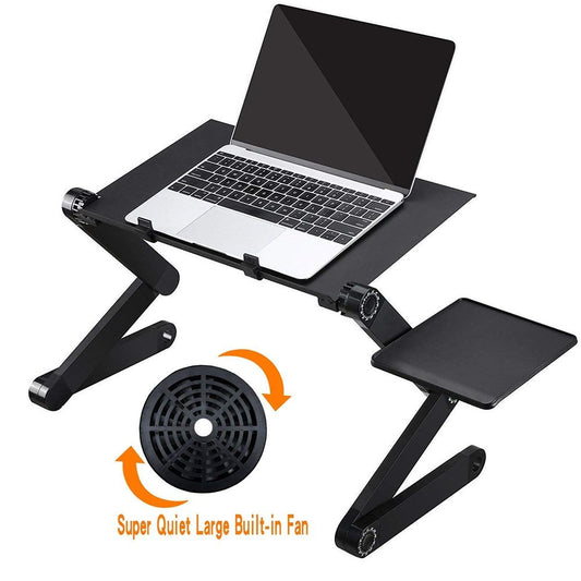 Laptop on a black adjustable stand with a built-in fan on a white background