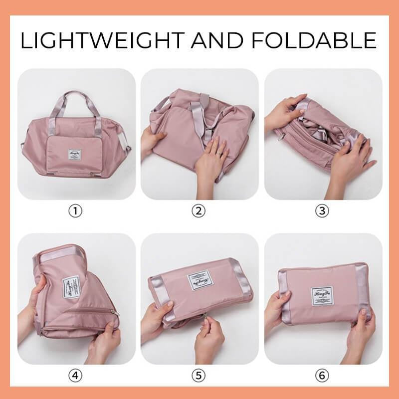 Step-by-step process of folding a pink bag, emphasizing its lightweight and foldable nature.
