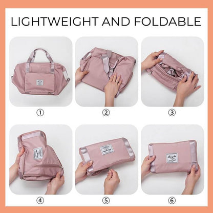 Step-by-step process of folding a pink bag, emphasizing its lightweight and foldable nature.