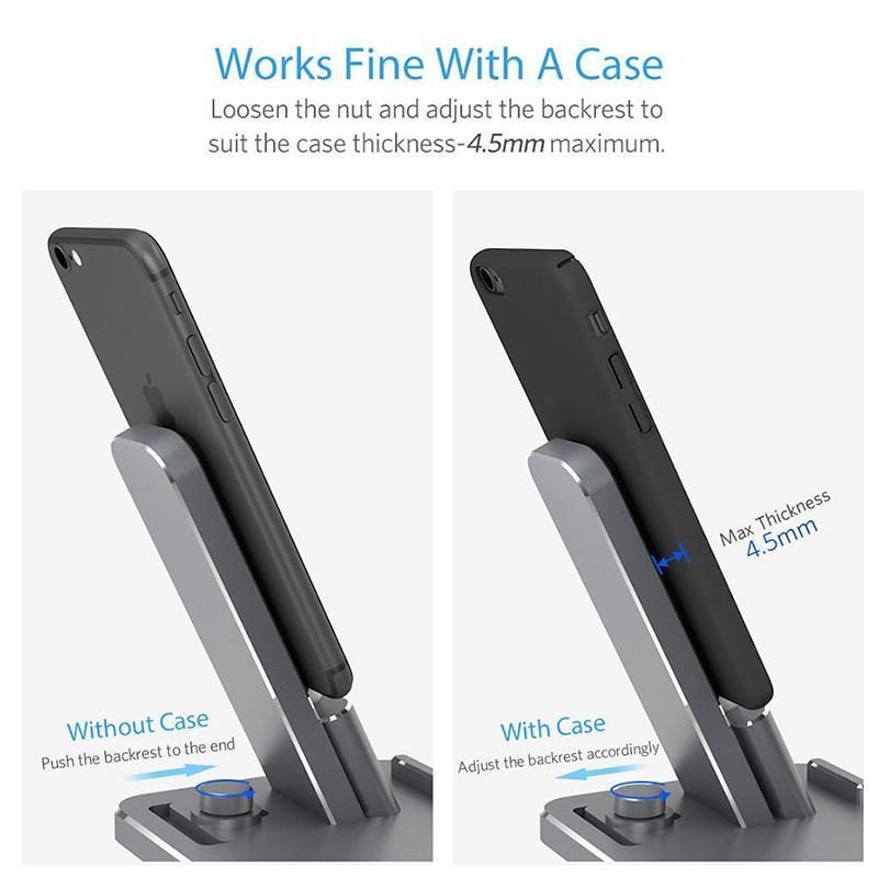 Phone stand with adjustable backrest for phone cases, showing without and with case scenarios.