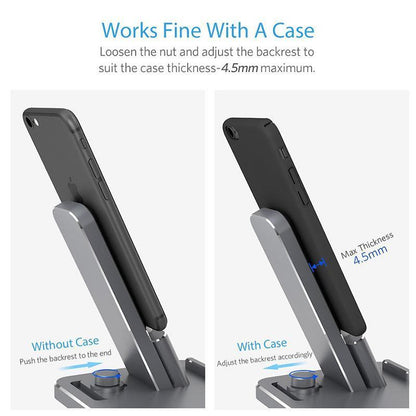 Phone stand with adjustable backrest for phone cases, showing without and with case scenarios.