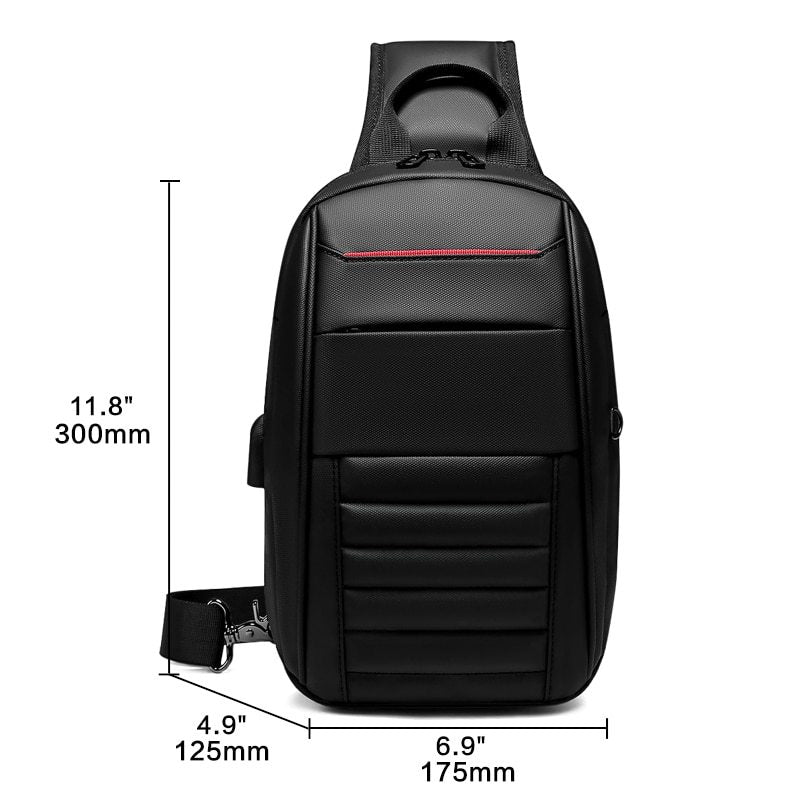 Black sling bag with measurements on a white background