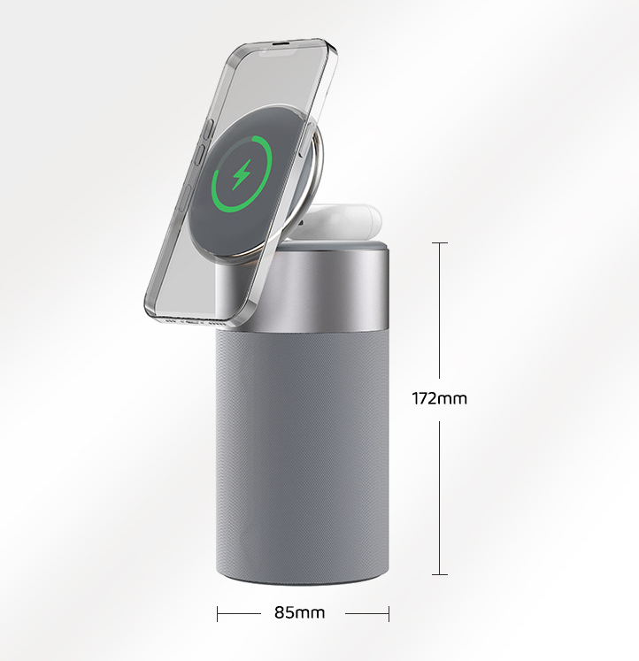 Wireless charging device with smartphone and earbuds on a white background