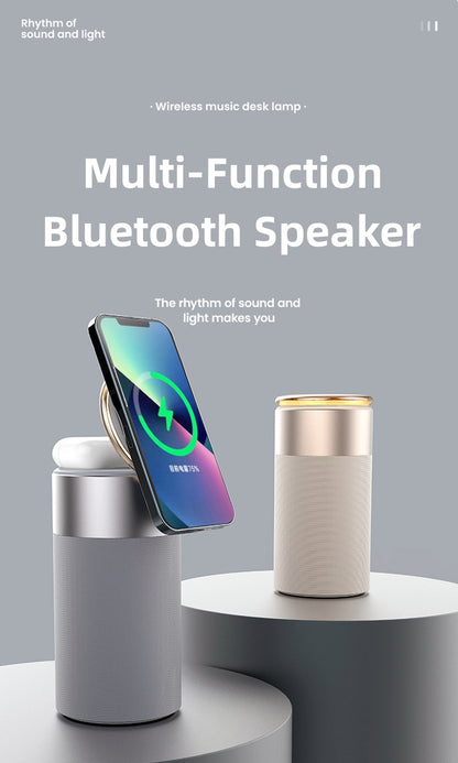 Multi-function Bluetooth speaker with smartphone on a gray background