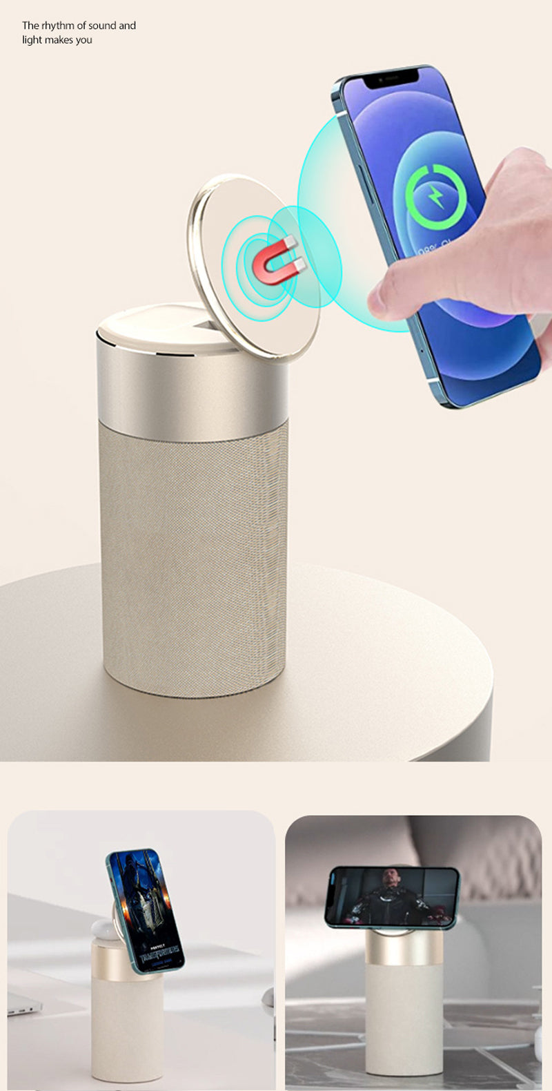 Smart phone stand with wireless charging feature on a white background