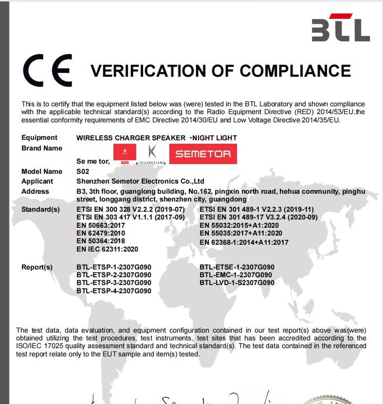 CE Verification of Compliance document for a wireless charger speaker night light with Sementor branding.
