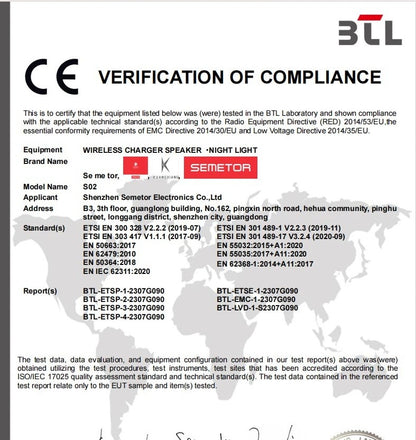 CE Verification of Compliance document for a wireless charger speaker night light with Sementor branding.
