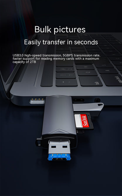 USB drive connected to a laptop with text highlighting fast data transfer capabilities.