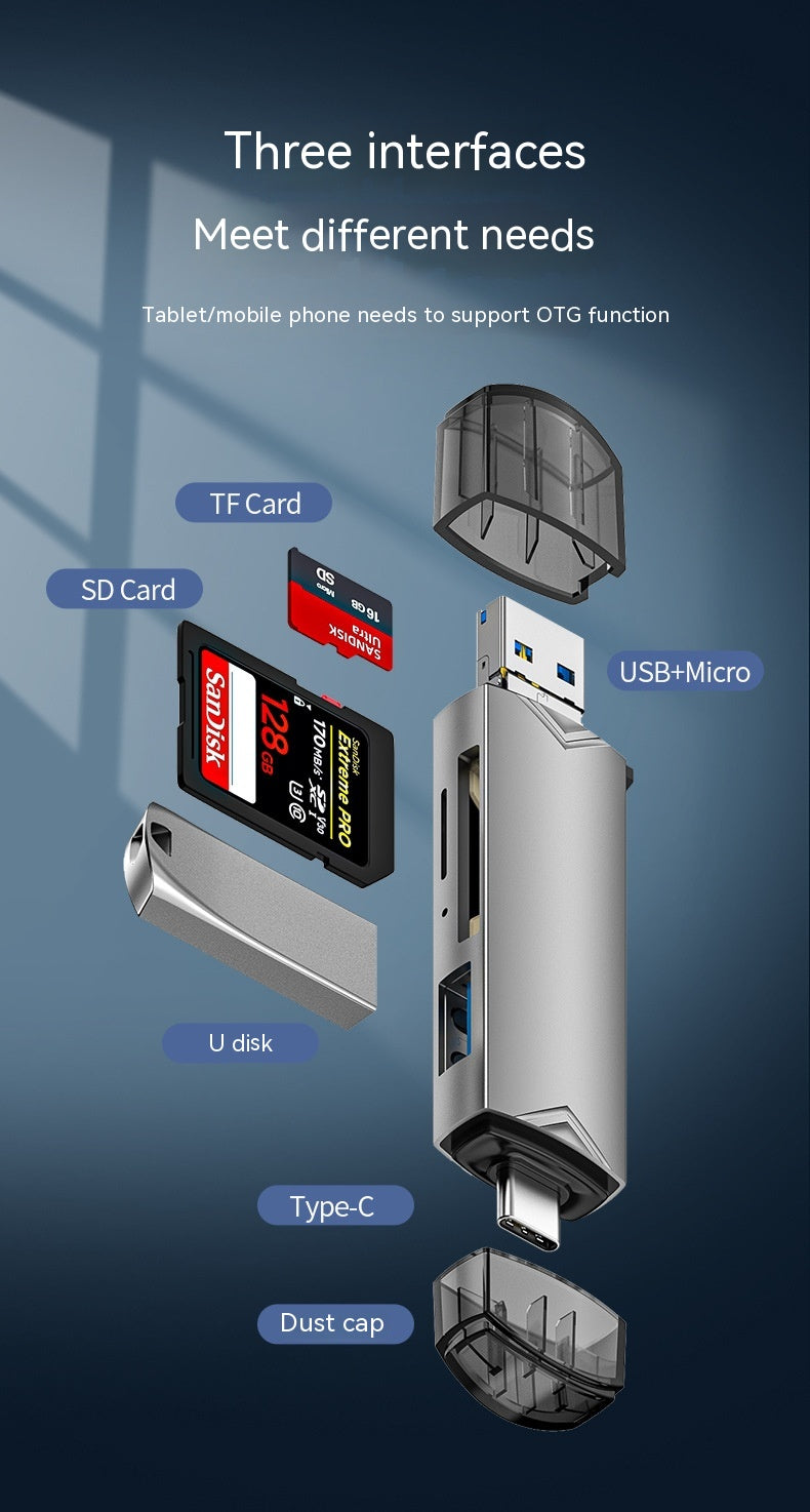 Multifunctional adapter with various interfaces on a blue gradient background