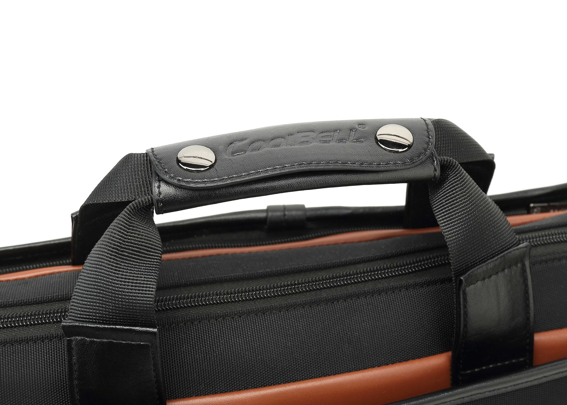 Close-up of a black and brown bag with a visible brand logo on a white background