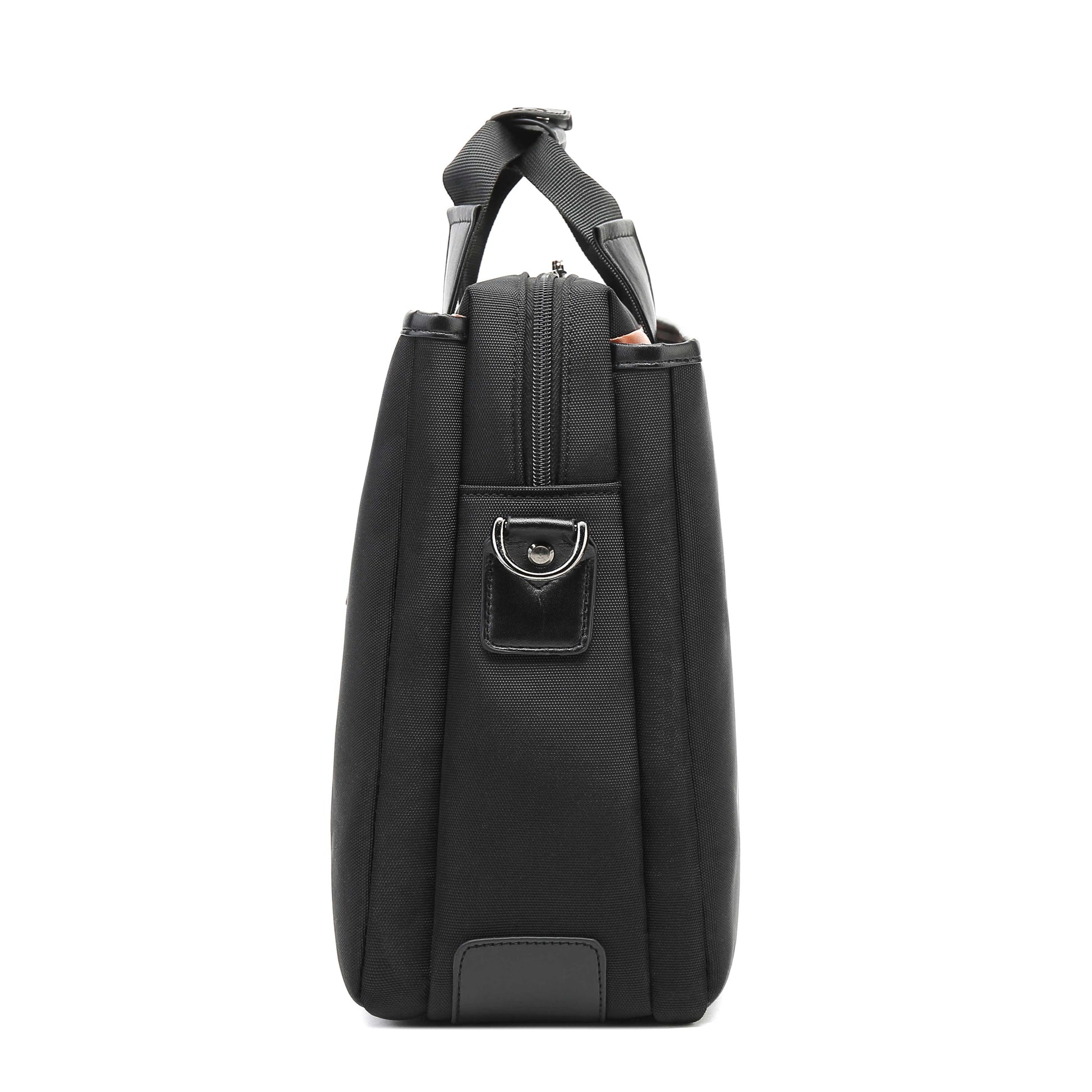 Black handbag with a shoulder strap on a white background