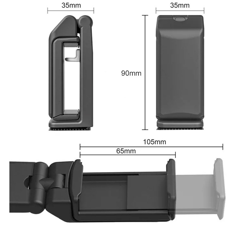 Black car holder with dimensions labeled on a white background