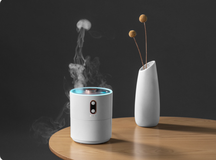 White diffuser emitting steam on a wooden table with a dark background