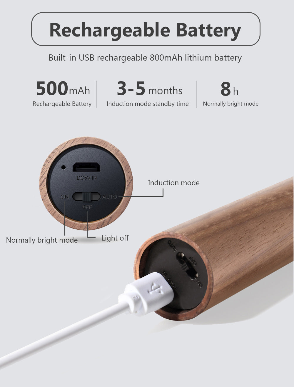 Wooden lamp with rechargeable battery and USB cable on a light gray background