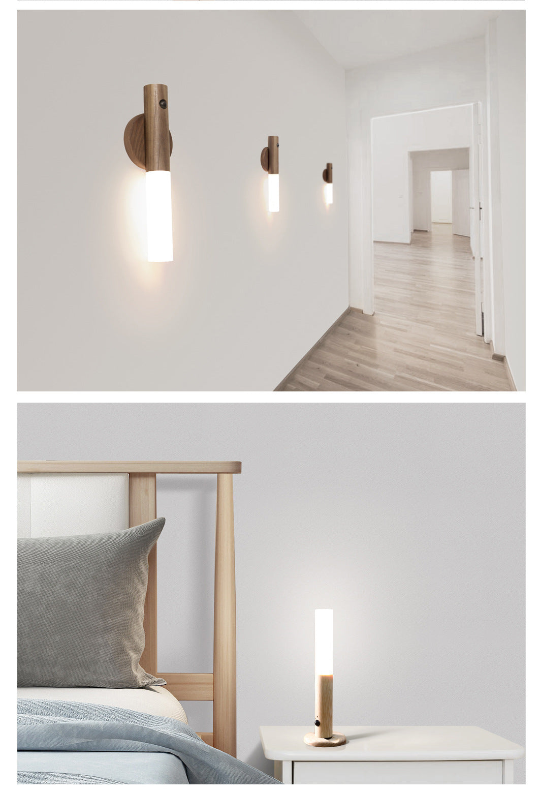 Modern wall sconces in a hallway and a bedside lamp on a nightstand.