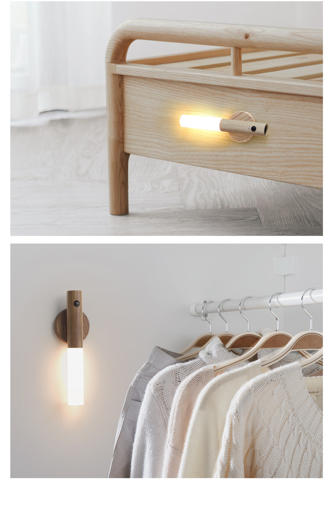Wooden wall lights on a bed and clothing rack with hangers.