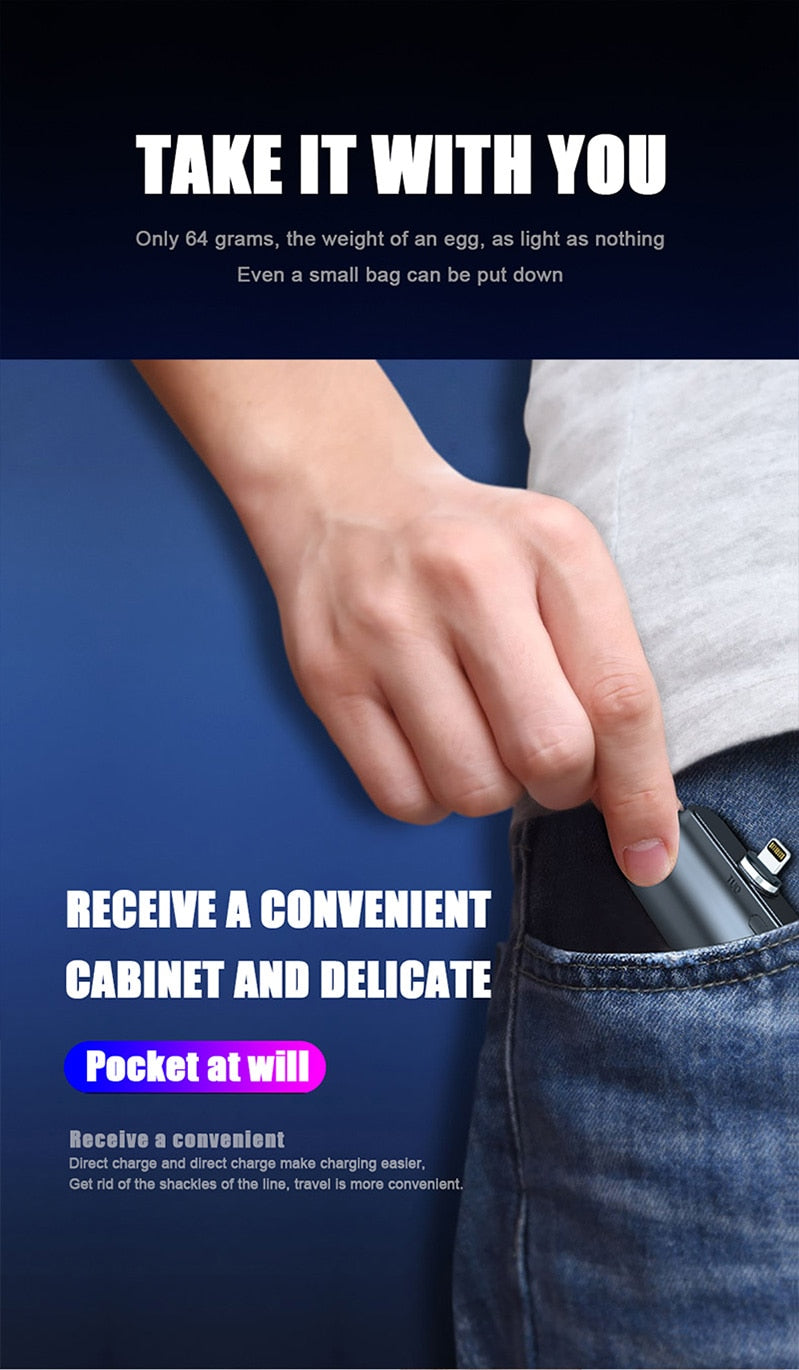 Hand putting a small device into a pocket with promotional text about its weight and convenience.