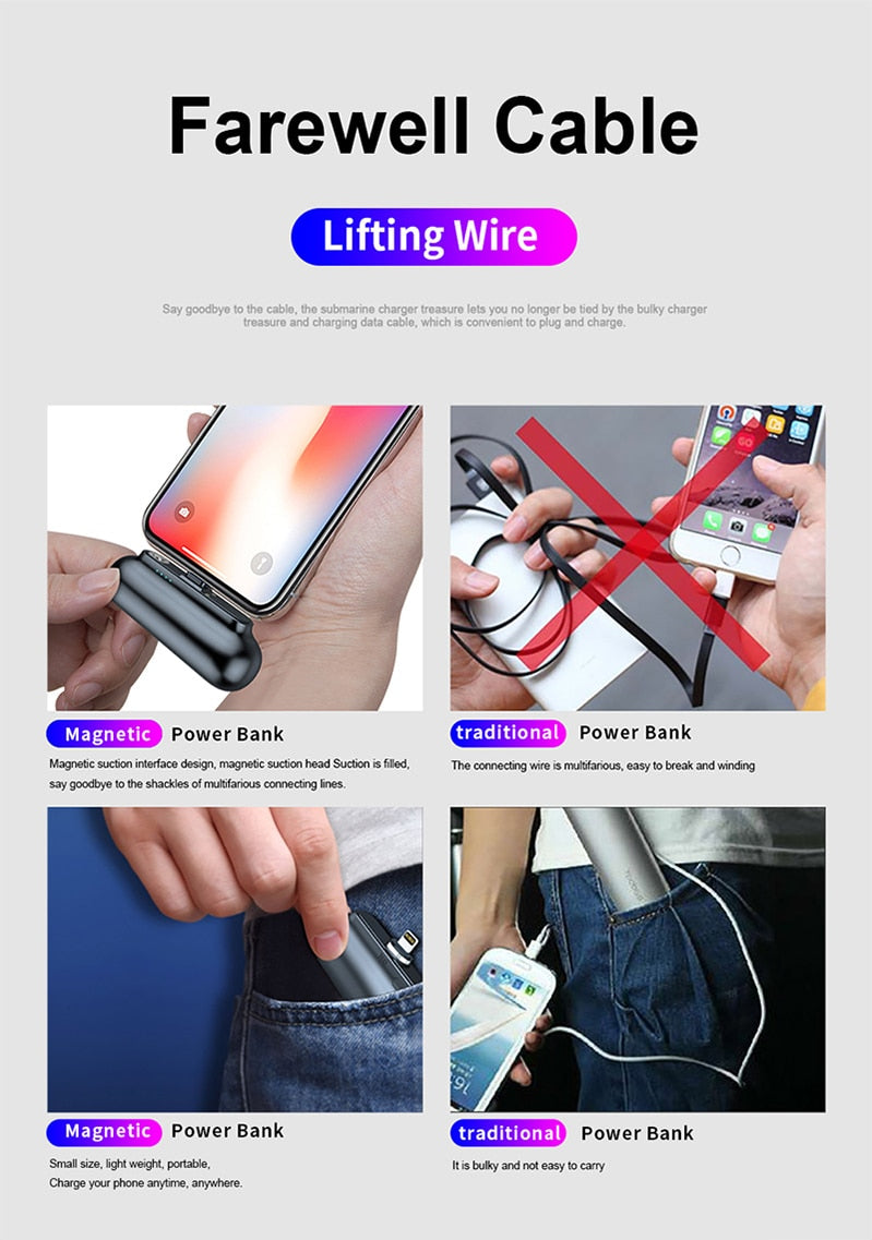 Advertisement for a magnetic power bank with text 'Farewell Cable' and 'Lifting Wire'.