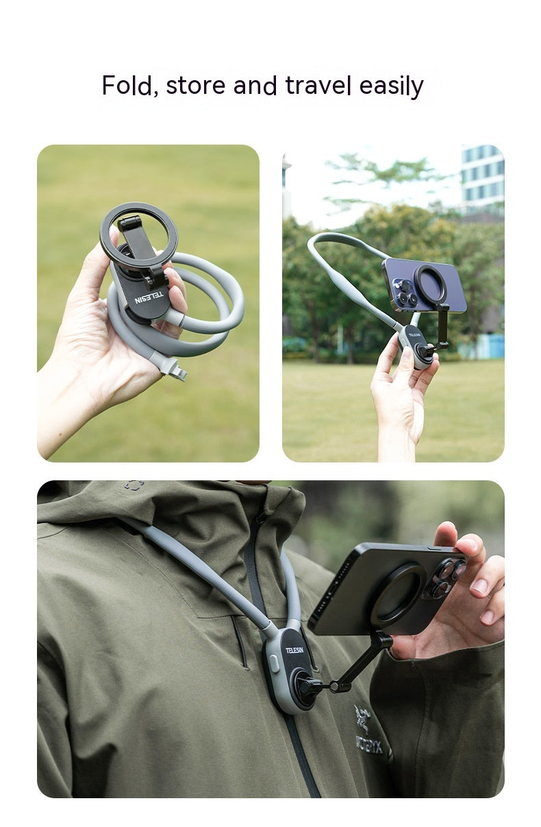 Collapsible phone holder being used in various settings with text 'Fold, store and travel easily'.