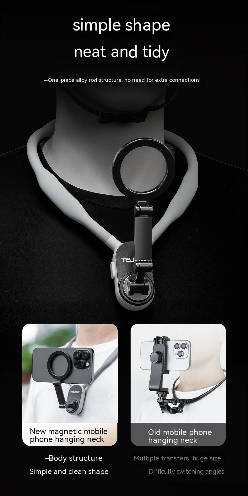 Neck strap with magnifying glass attachment on a black background, featuring text about its design and benefits.