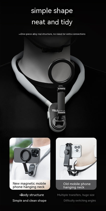 Neck strap with magnifying glass attachment on a black background, featuring text about its design and benefits.