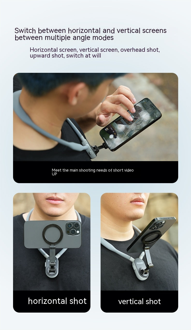 Smartphone with a neck strap displaying horizontal and vertical screen modes on a light gray background.