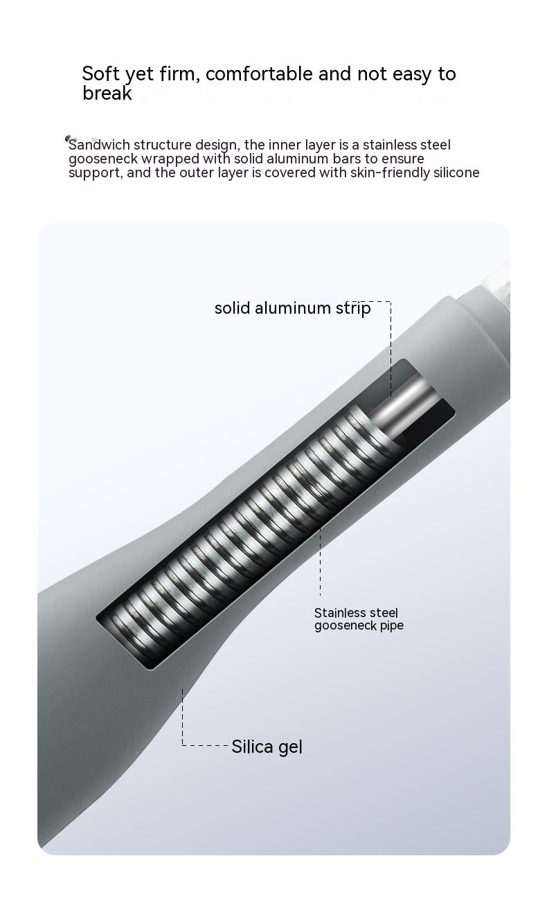 Diagram of a product with labeled layers including stainless steel goose neck, solid aluminum strip, and silica gel.