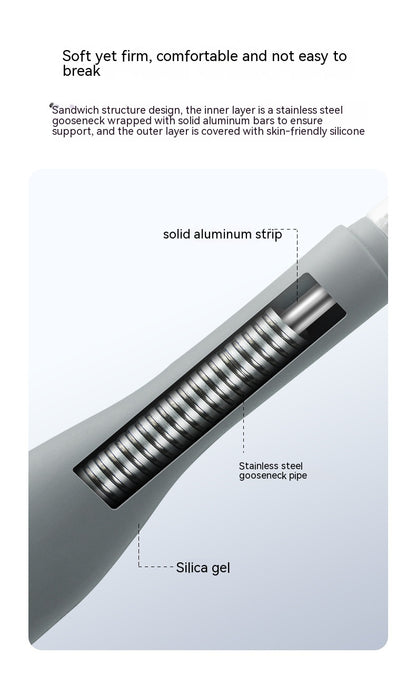 Diagram of a product with labeled layers including stainless steel goose neck, solid aluminum strip, and silica gel.