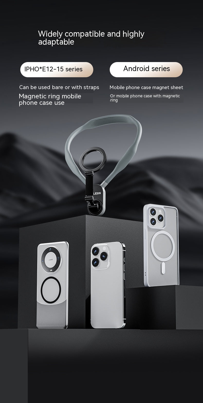 Magnetic ring phone case with compatibility text on a dark background