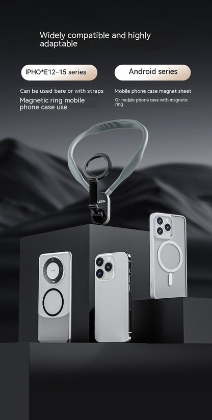 Magnetic ring phone case with compatibility text on a dark background
