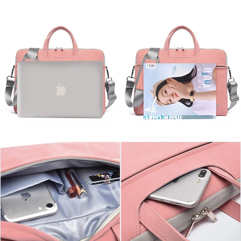 Pink and gray laptop bag with Apple logo, magazine, and phone inside