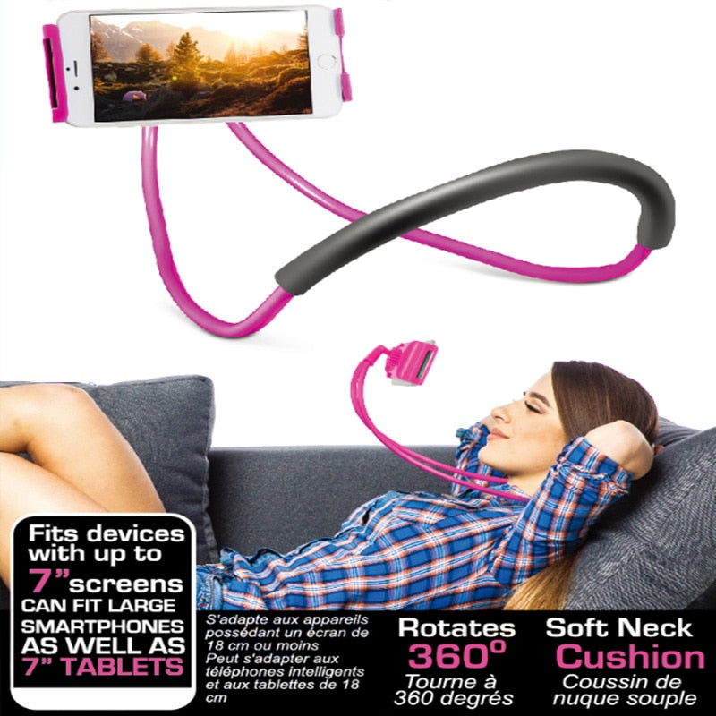 Pink phone holder with a woman using it on a couch, featuring text about device compatibility and features.