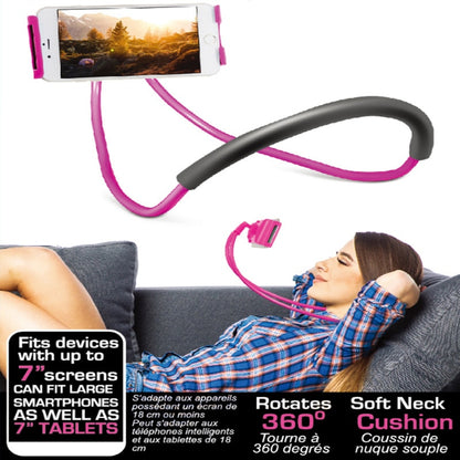 Pink phone holder with a woman using it on a couch, featuring text about device compatibility and features.