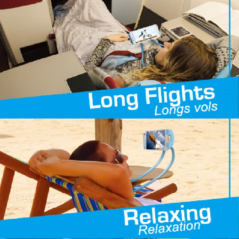 Two people using smartphone holders on flights with text 'Long Flights' and 'Relaxation'.